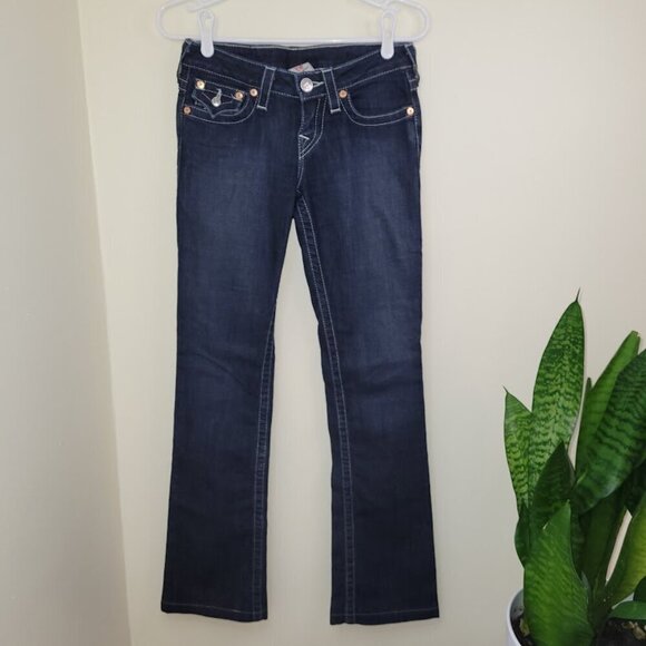True Religion Boot Cut Blue Denim Jeans Flap Pocket Rainbow Design Women 25 - Picture 2 of 11